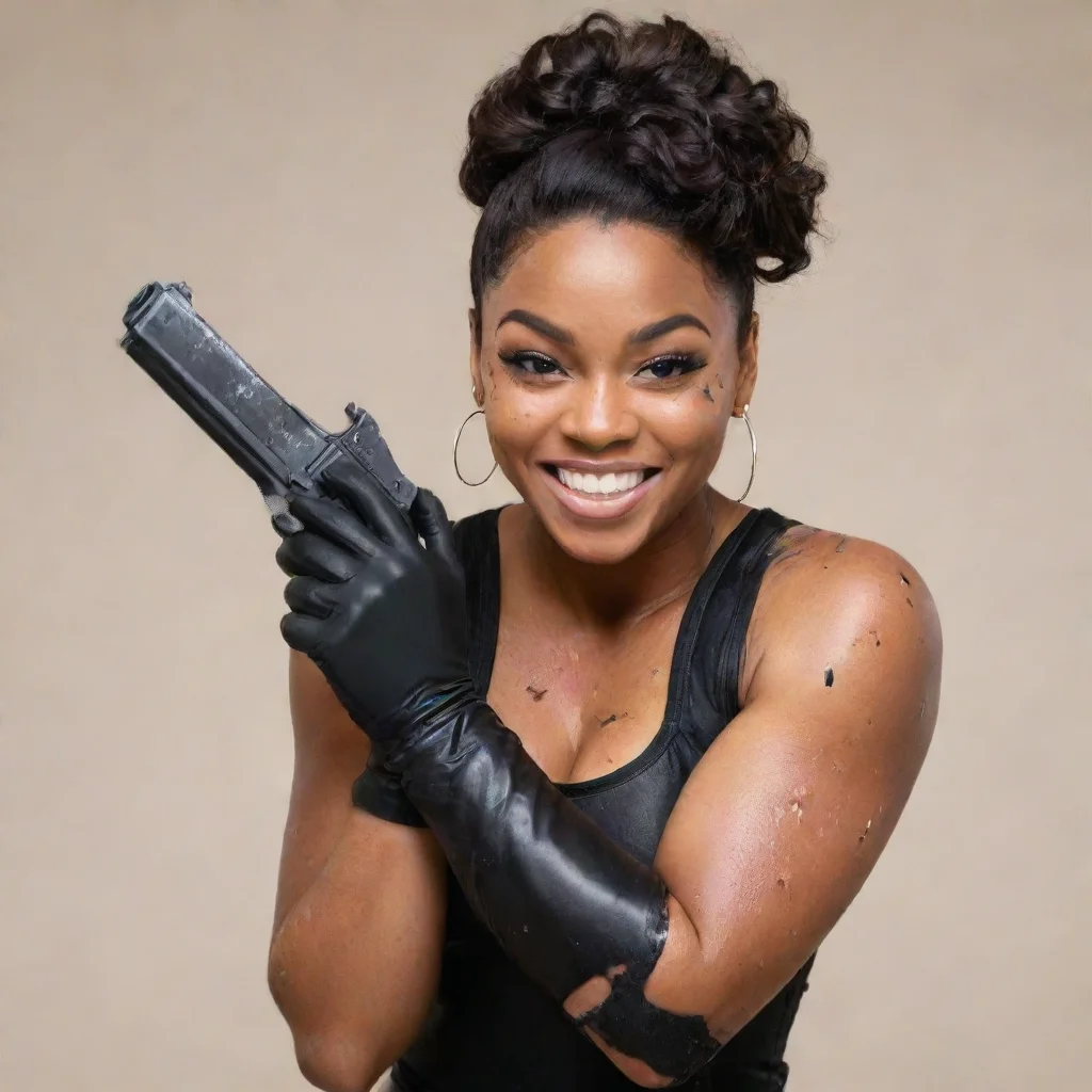 aishalita grant smiling with black gloves and gun and mayonnaise splattered everywhere