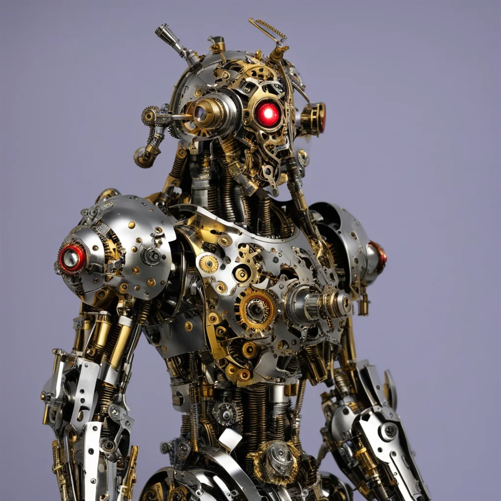 shiny chrome silver and gold steampunk biomechanical knight made with clock parts and moving gears with glowing red eyes confident engaging wow artstation art 3