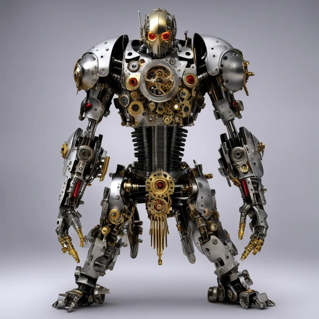 aishiny chrome silver and gold steampunk biomechanical knight made with clock parts and moving gears with glowing red eyes good looking trending fantastic 1