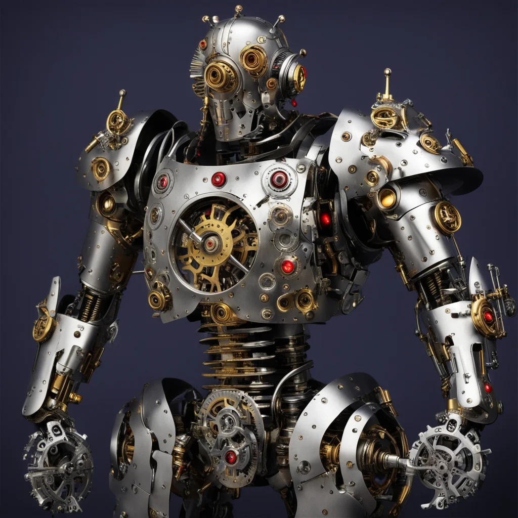 shiny chrome silver and gold steampunk biomechanical knight made with clock parts and moving gears with glowing red eyes