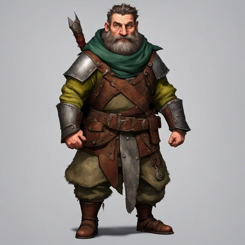 short and stocky adventurer with medieval gear and large nose