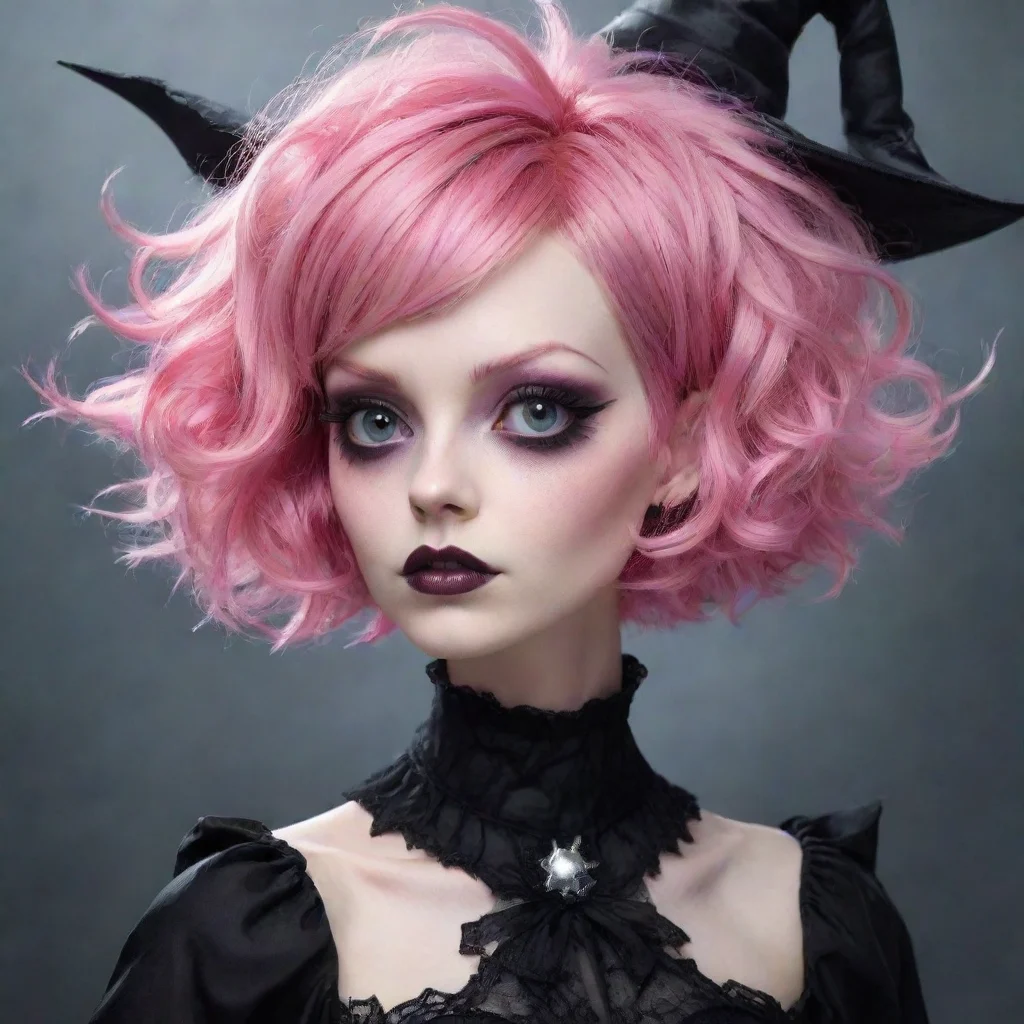 aishort pink hair%2C gothic witch%2C whimsical and fantastical%2C in the style of tim burton detailed