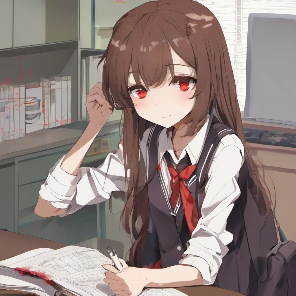 shy brown haired red eyed schoolgirl