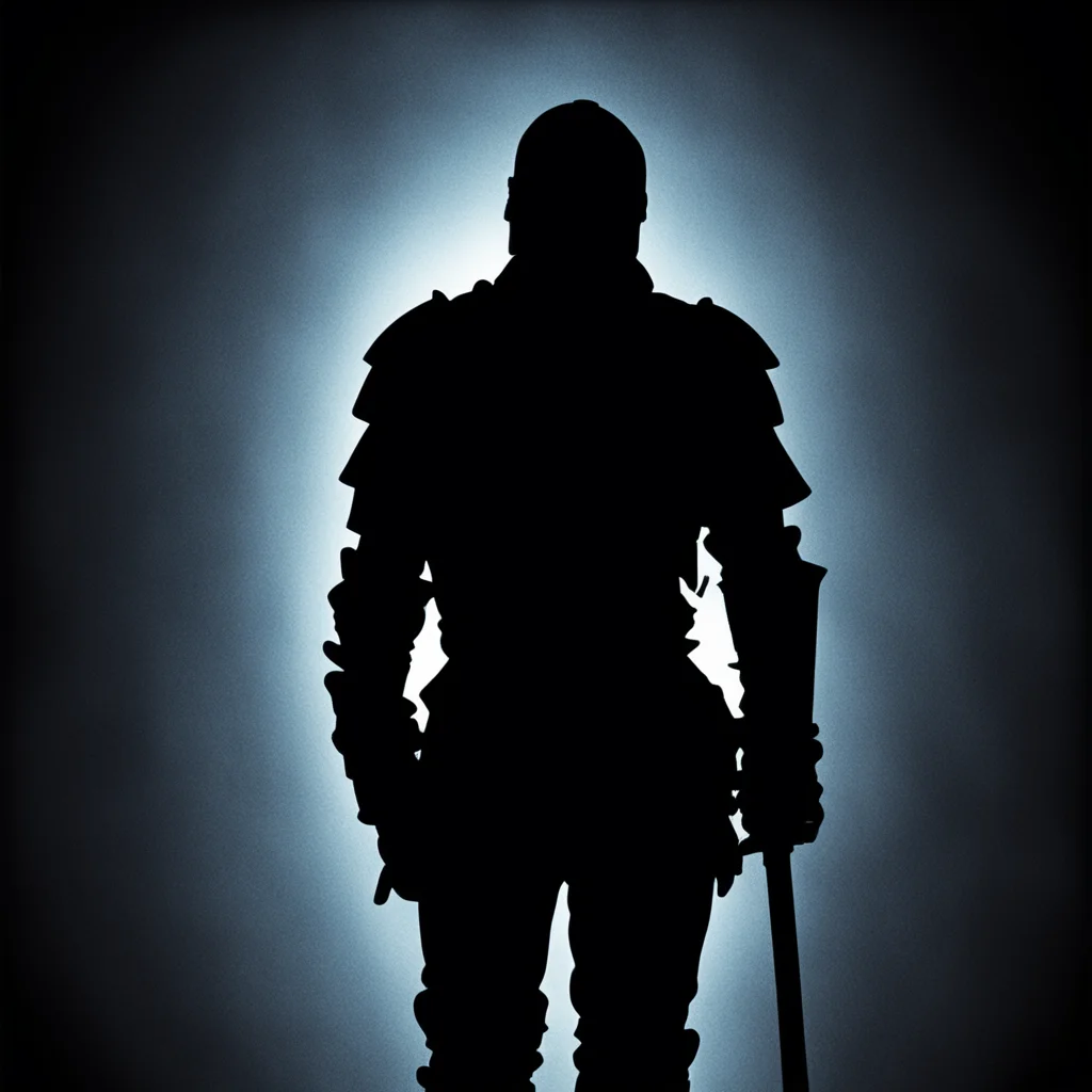 aisilhouette of knight seen from behind holding a mace in one hand%2C in a dimly lit scene %7C monochrome blue noir film still %7C 80s crime scene amazing awesome portrait 2