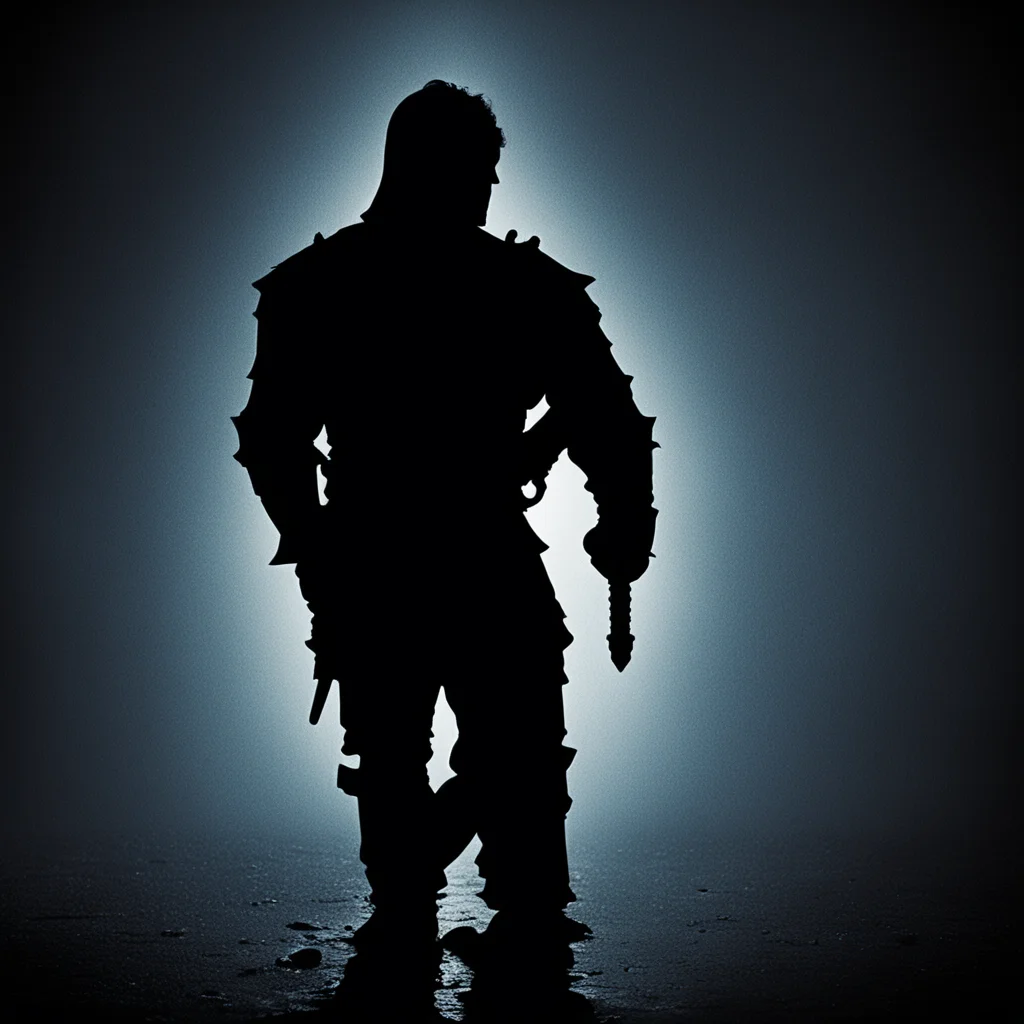 aisilhouette of knight seen from behind holding a mace in one hand%2C in a dimly lit scene %7C monochrome blue noir film still %7C 80s crime scene confident engaging wow artstation art 3