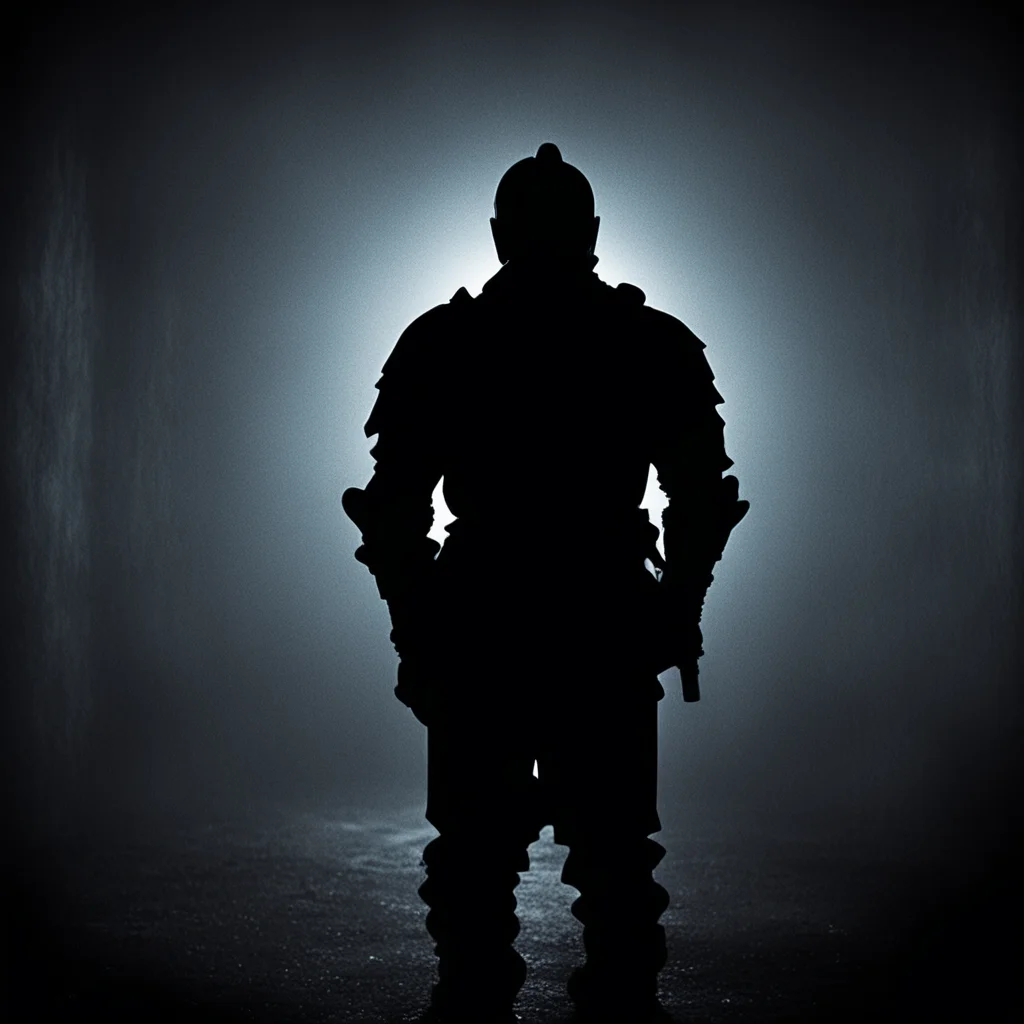 aisilhouette of knight seen from behind holding a mace in one hand%2C in a dimly lit scene %7C monochrome blue noir film still %7C 80s crime scene