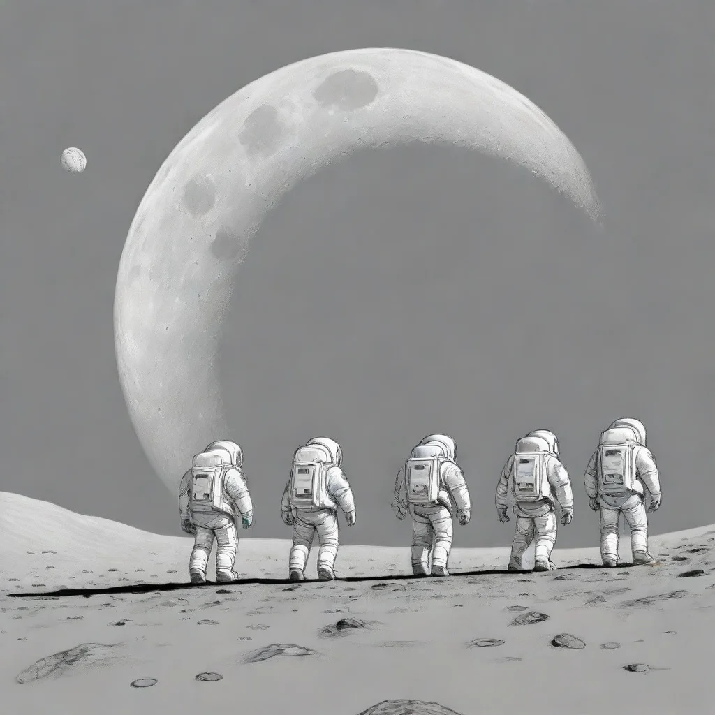 aisimple illustration of 5 astronauts walking in line across the moon%2C seen from the side. style is outline art%2C similar to a comic. white background.