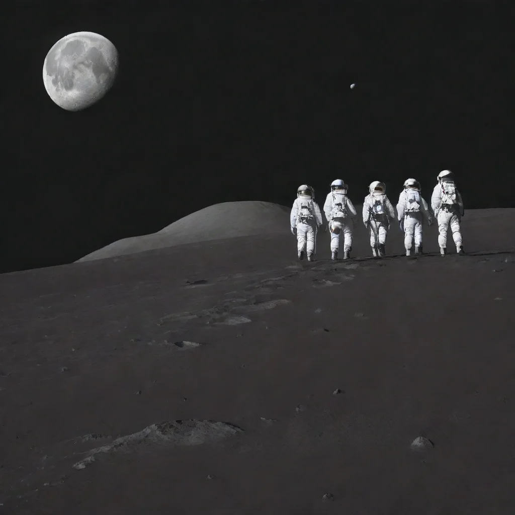 aisimple illustration of 5 astronauts walking in line across the moon%2C seen from the side.