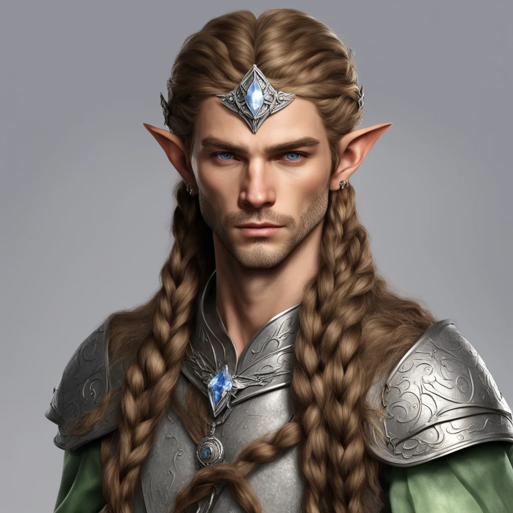 sinda male elf noble with sandy brown hair and braids wearing silver elvish circlet with large center diamond amazing awesome portrait 2