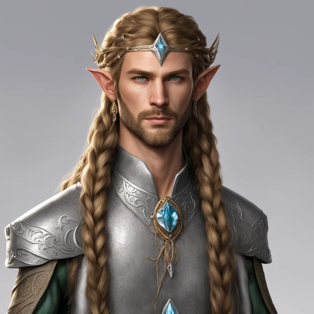 sinda male elf noble with sandy brown hair and braids wearing silver elvish circlet with large center diamond confident engaging wow artstation art 3