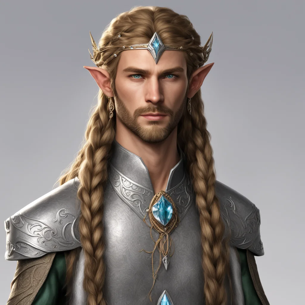 aisinda male elf noble with sandy brown hair and braids wearing silver elvish circlet with large center diamond confident engaging wow artstation art 3