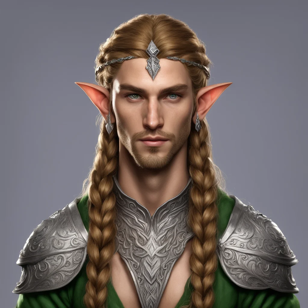 sinda male elf noble with sandy brown hair and braids wearing silver elvish circlet with large center diamond good looking trending fantastic 1