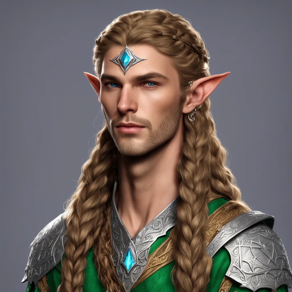 sinda male elf noble with sandy brown hair and braids wearing silver elvish circlet with large center diamond