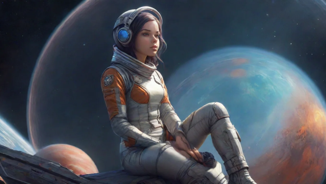 sitting spacegirl planets spaceship widescreen