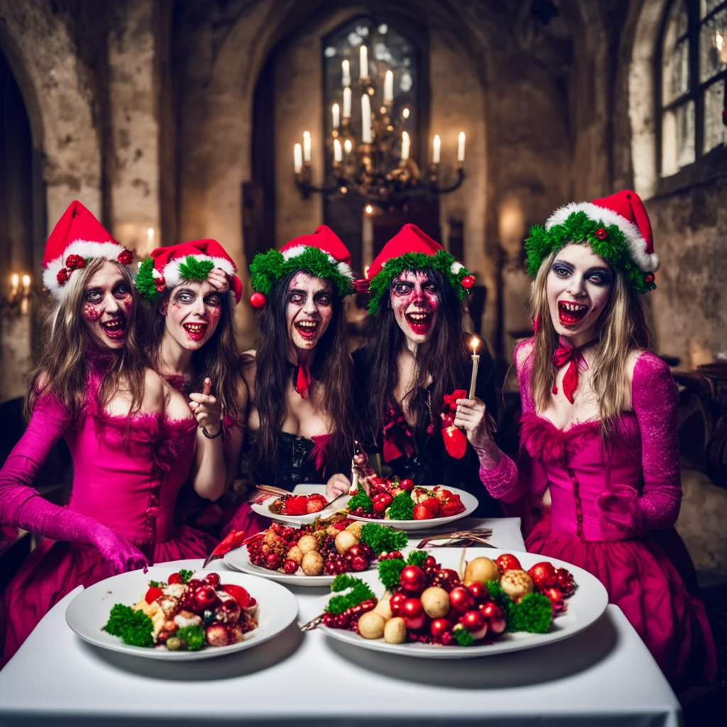 six crazy christmas zombie girls having great fun at an extreme christmas dinner in an old castle