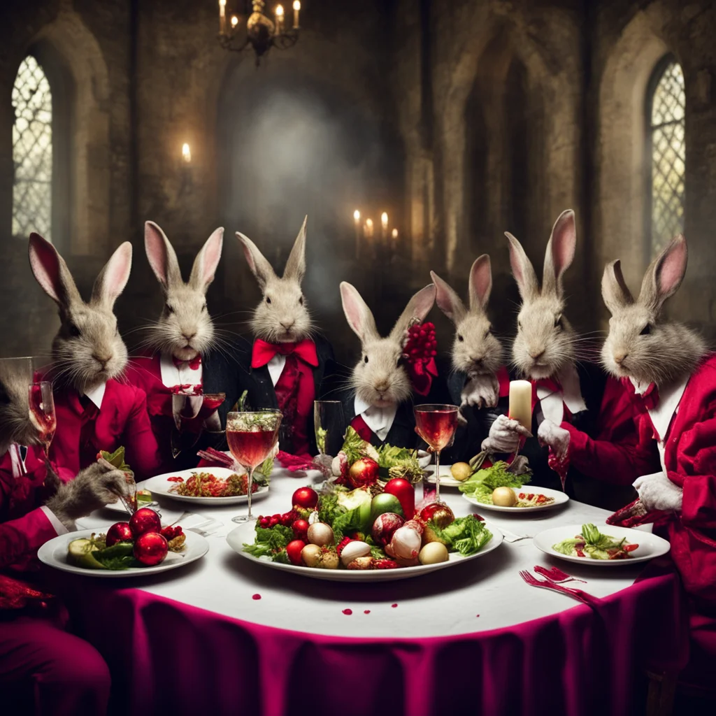 six crazy wild zombie rabbits having great fun at an extremely bloody christmas dinner in an old castle    uncanny scary pulp horror christmas fun confident engaging wow artstation art 3