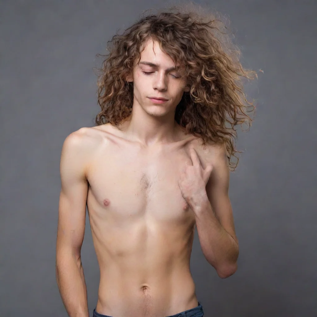 skinny  boy with visible ribs and long messy curly hair covering his eyes