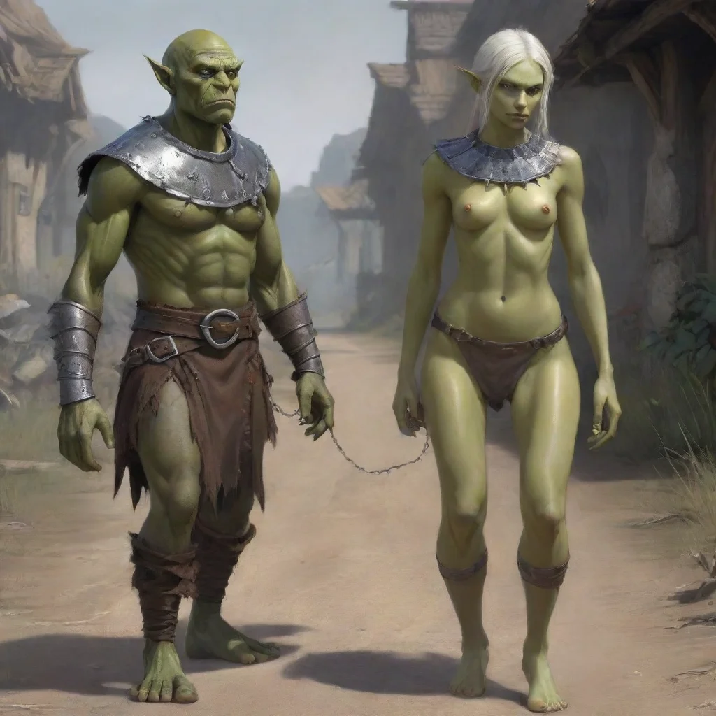 skinny elf maiden with a metal collar walked by orc master