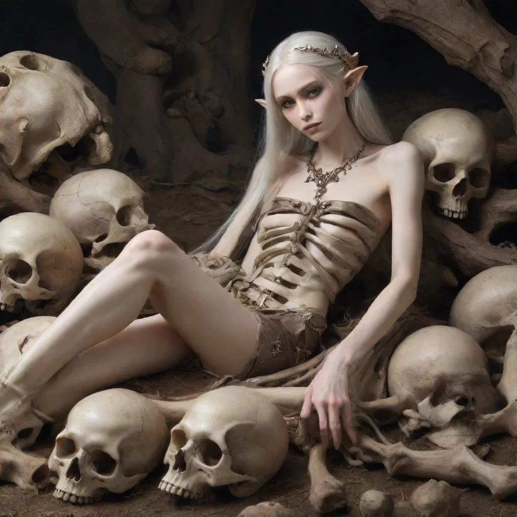 skinny elven princess lays on bones and skulls