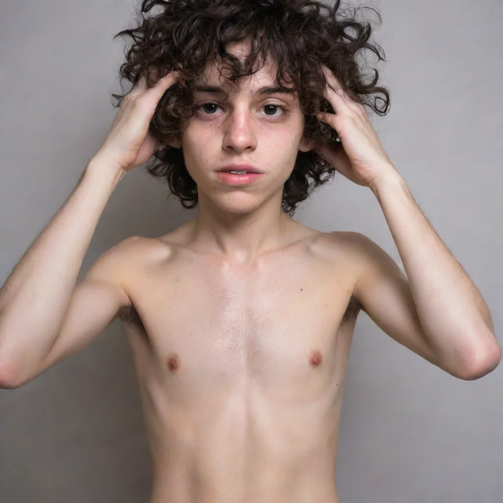 skinny shirtless emo boy with visible ribs  messy curly hair fully covering his eyes