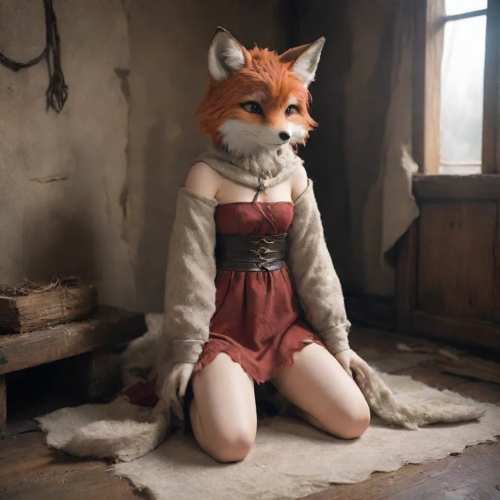 aislave anthropomorphic foxgirl furry damaged cloth shy sad anime medieval room