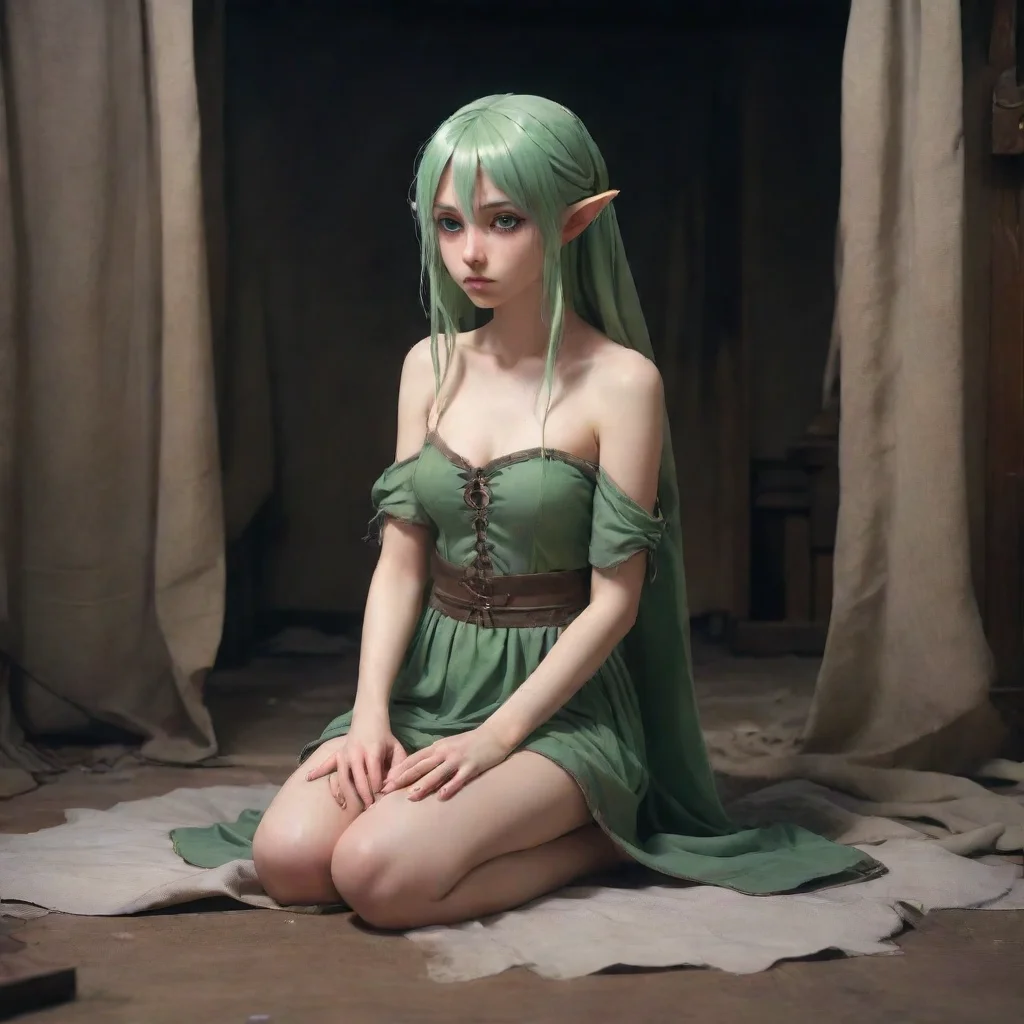 aislave elf woman damaged cloth shy sad anime medieval room