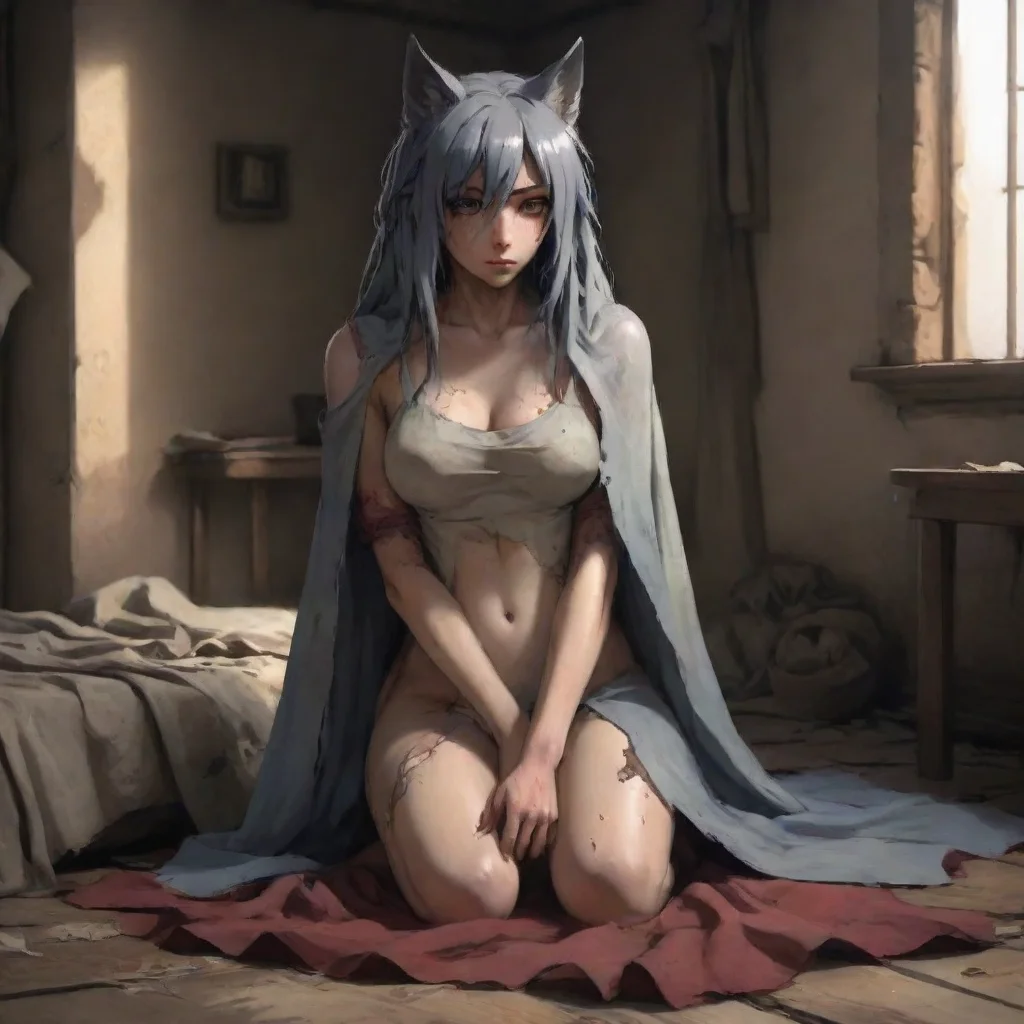 slave wolf  woman damaged cloth shy sad anime medieval room