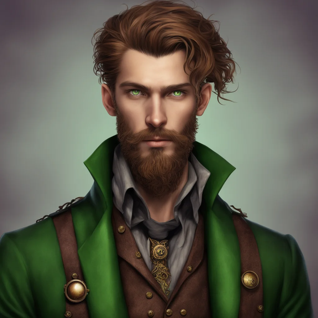 aislender young man with olive skin%2C merry green eyes%2C chestnut hair%2C and a rakish beard%2C steampunk%2C fantasy