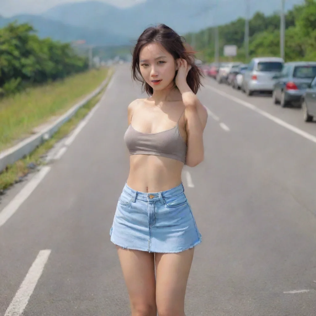 aislim asian babe wearing open top and mini skirt lifting on highway