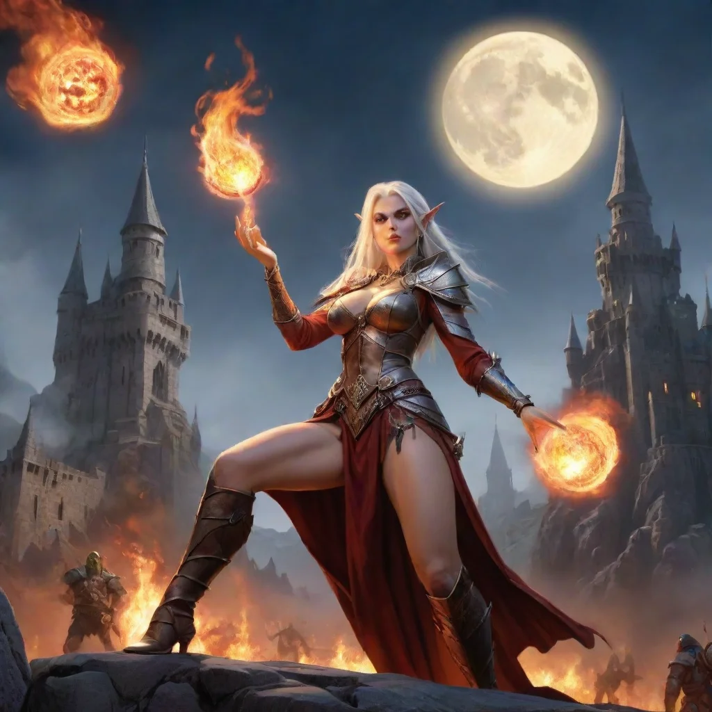 slim busty high elf mage casts a fireball on charging orcs. castle stands on the background and moon shines on the sky.