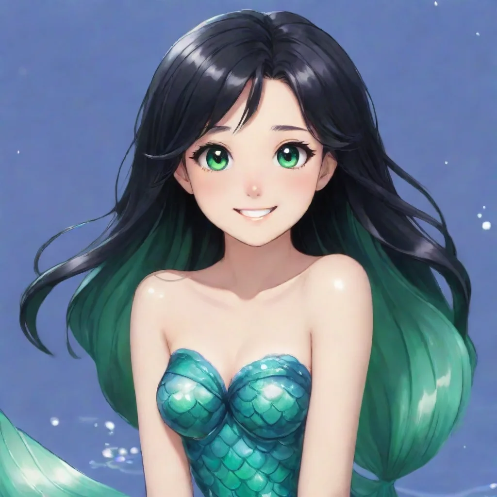 aismiling anime anime mermaid with black hair and green eyes