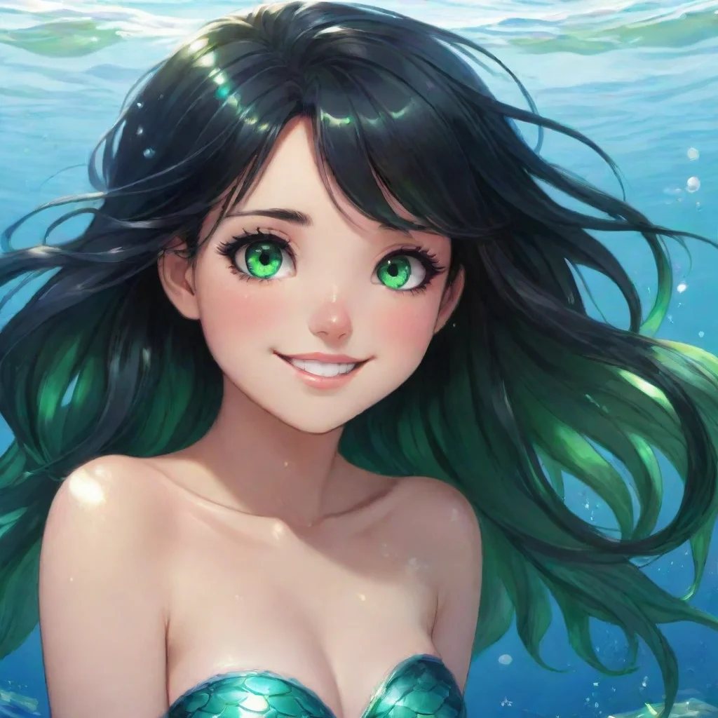 smiling anime mermaid black hair green eyes