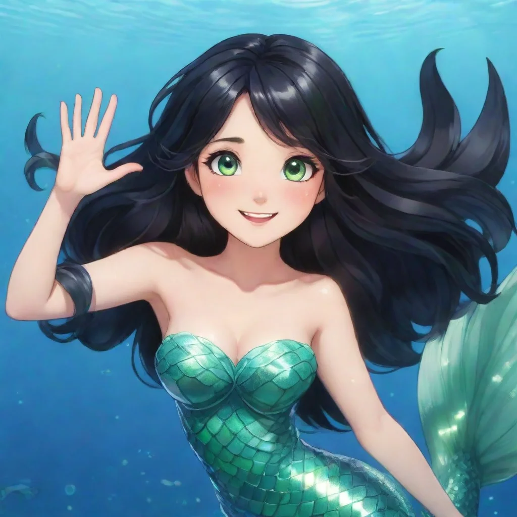 aismiling anime mermaid with black hair and green eyes waving