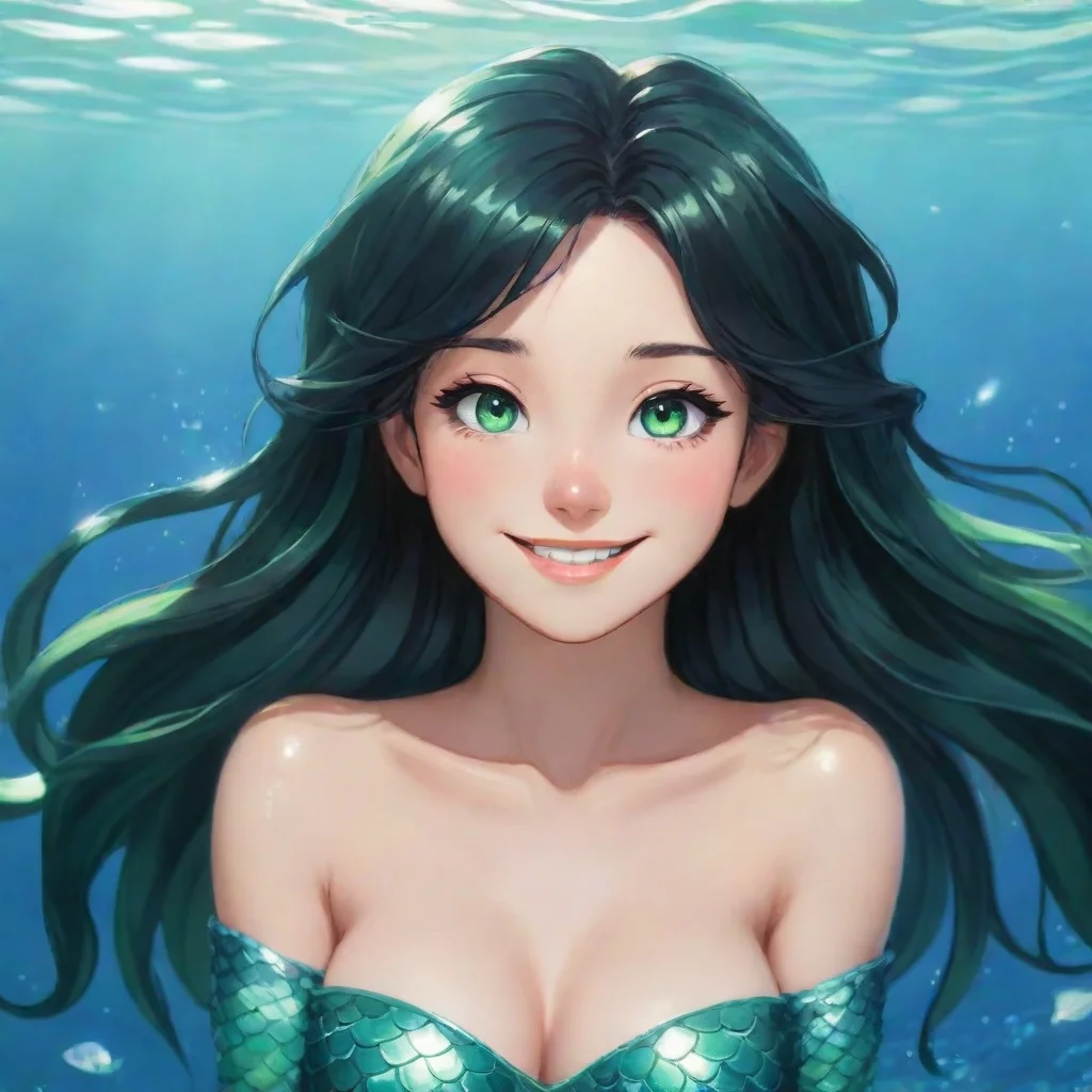 aismiling anime mermaid with black hair and green eyes