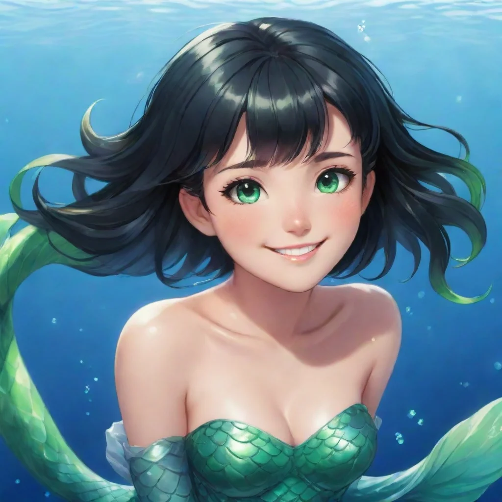 smiling anime mermaid with short black hair and green eyes