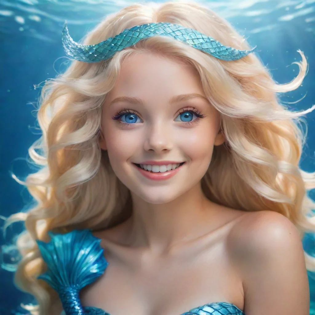 aismiling blonde angel mermaid with blue eyes smiling