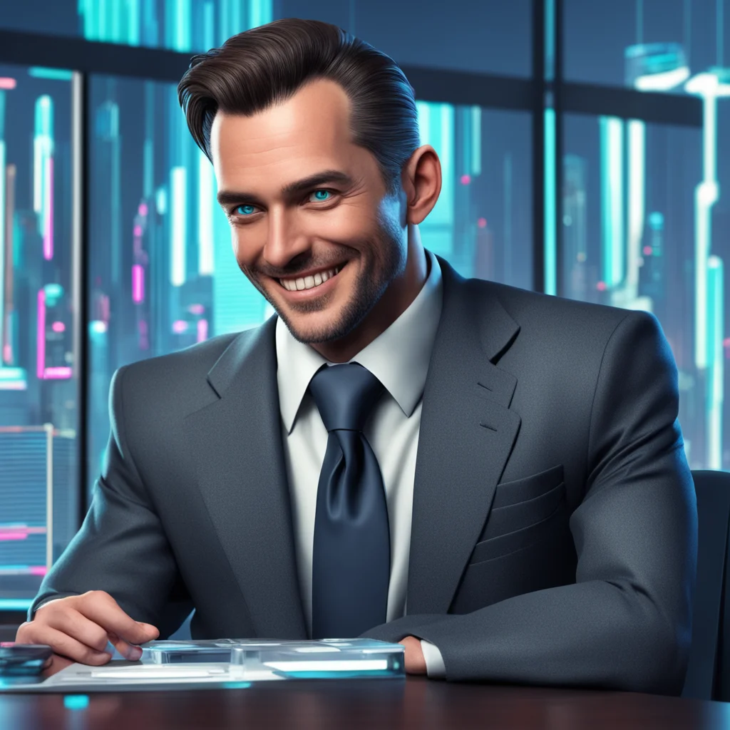 aismiling news man in a suit%2C sitting behind a desk.  he has a single cybernetic eye.  behind him is a large window that looks over a cyberpunk city. amazing awesome portrait 2