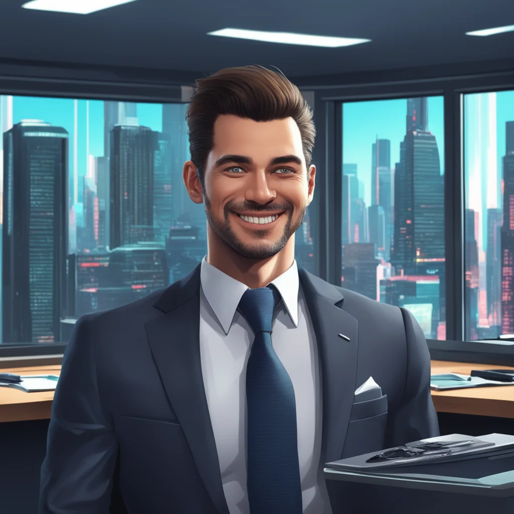aismiling news man in a suit%2C sitting behind a desk.  he has a single cybernetic eye.  behind him is a large window that looks over a cyberpunk city. confident engaging wow artstation art 3