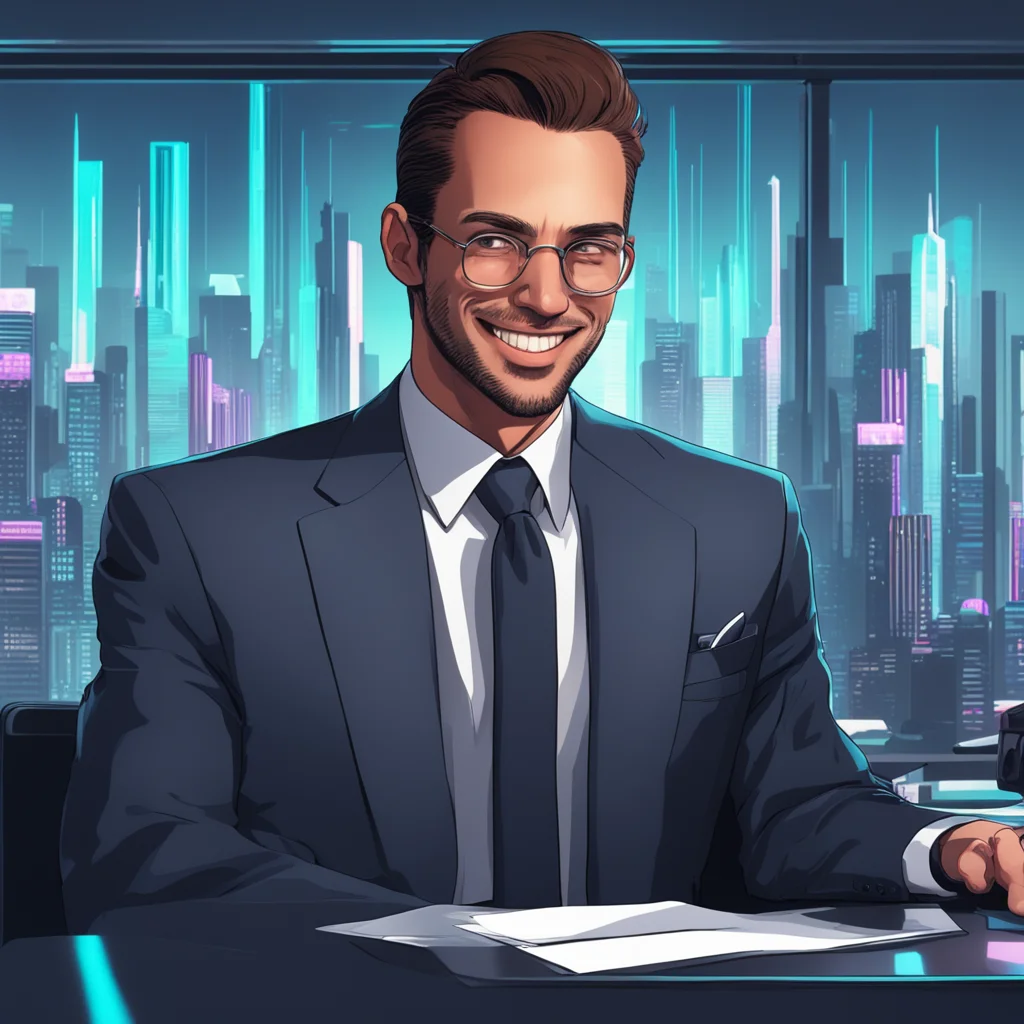 aismiling news man in a suit%2C sitting behind a desk.  he has a single cybernetic eye.  behind him is a large window that looks over a cyberpunk city. good looking trending fantastic 1