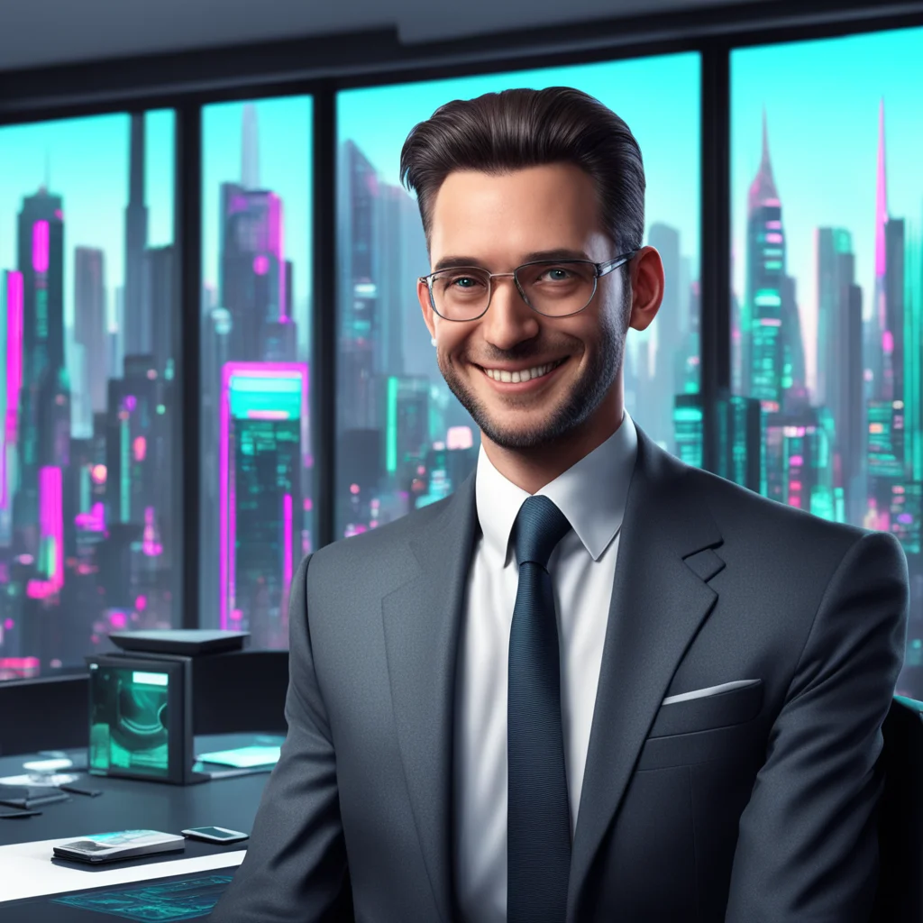 aismiling news man in a suit%2C sitting behind a desk.  he has a single cybernetic eye.  behind him is a large window that looks over a cyberpunk city.