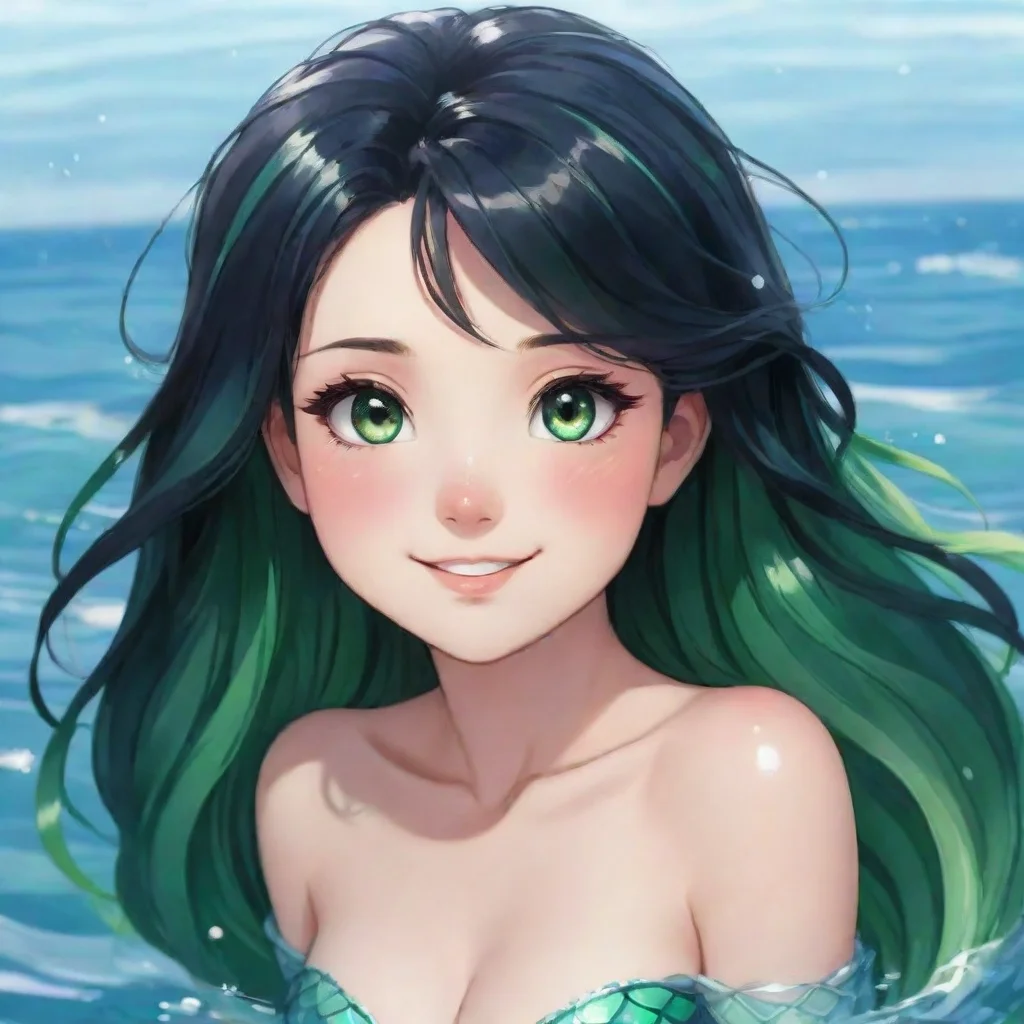 aismilng anime mermaid with black hair and green eyes blushing