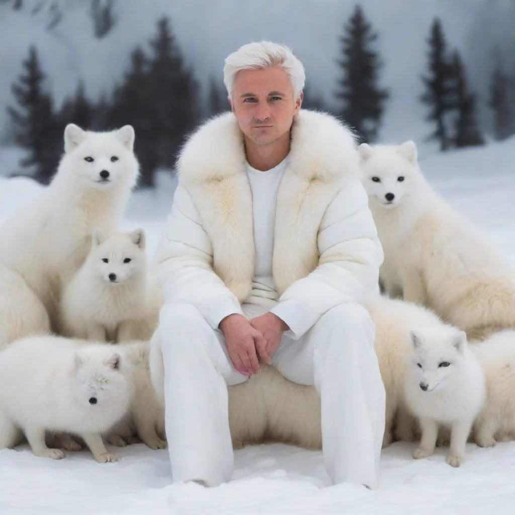 aisnowy background%2C human male in a white arctic fox fursit sitting with other arctic foxes