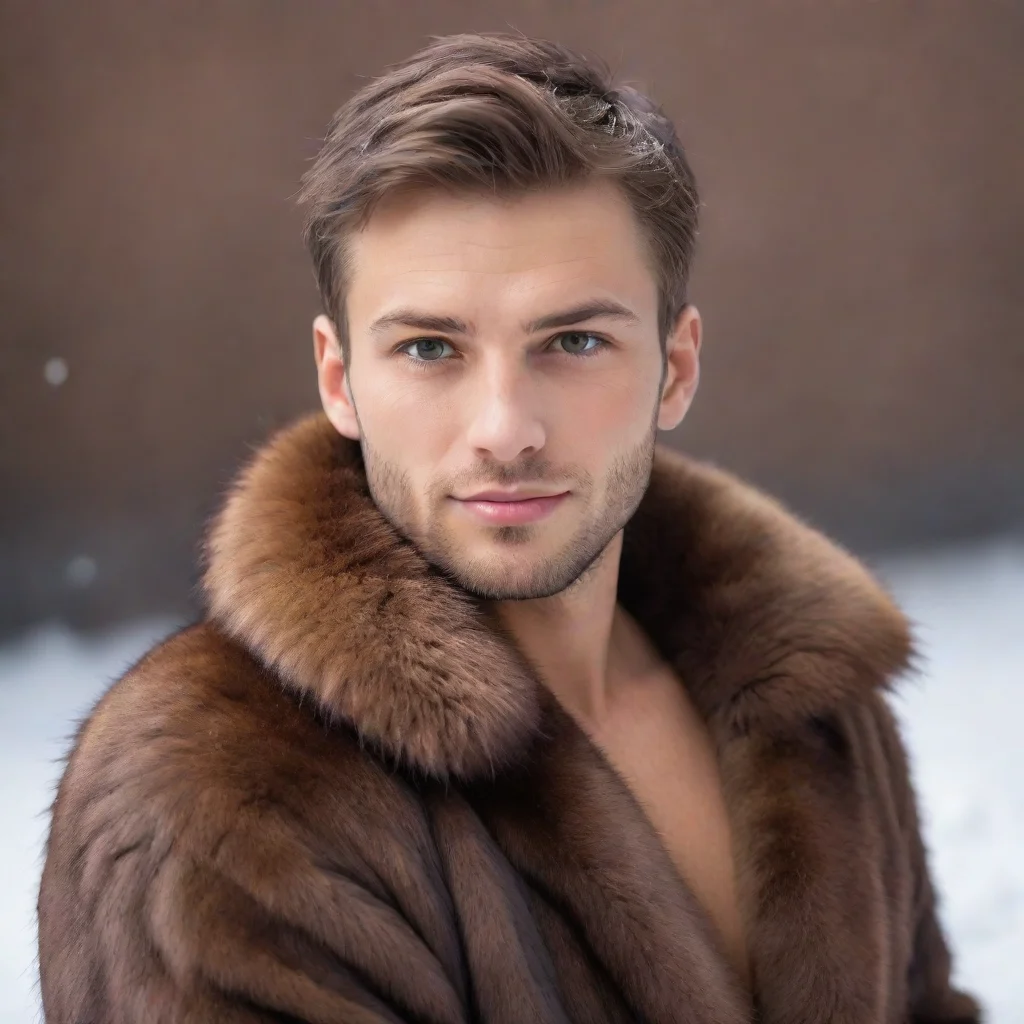 snowy background a human male covered in realistic brown mink fur 