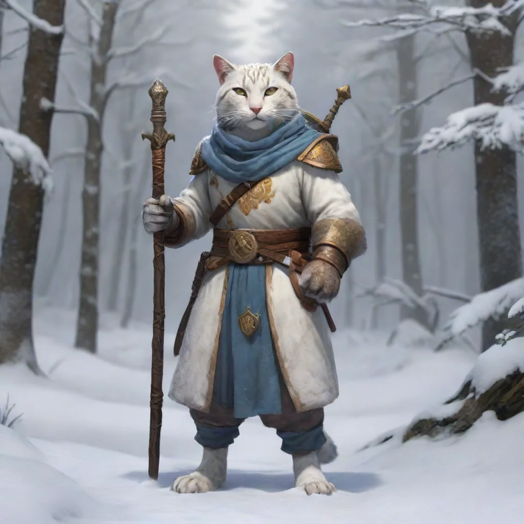 aisnowy tabaxi cleric%2C full length%2C holding a mace%2C winter forests