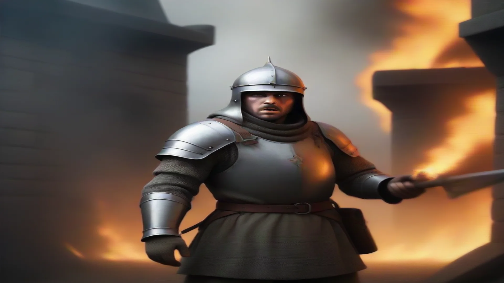 aisoldier in a medieval siege scared of the fire spell wide
