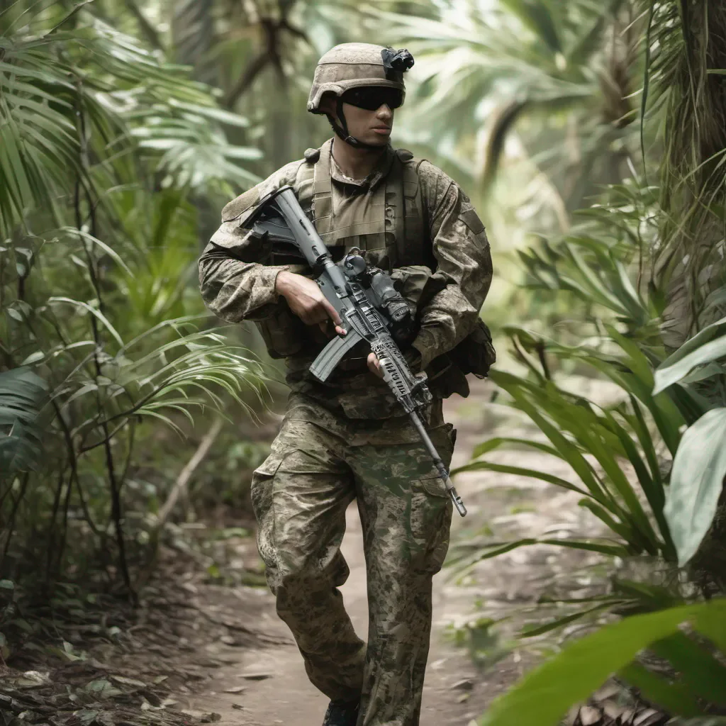 soldier walking in the tropical jungle%2C wearing camoufled fatigues and bearing an automatic rifle good looking trending fantastic 1