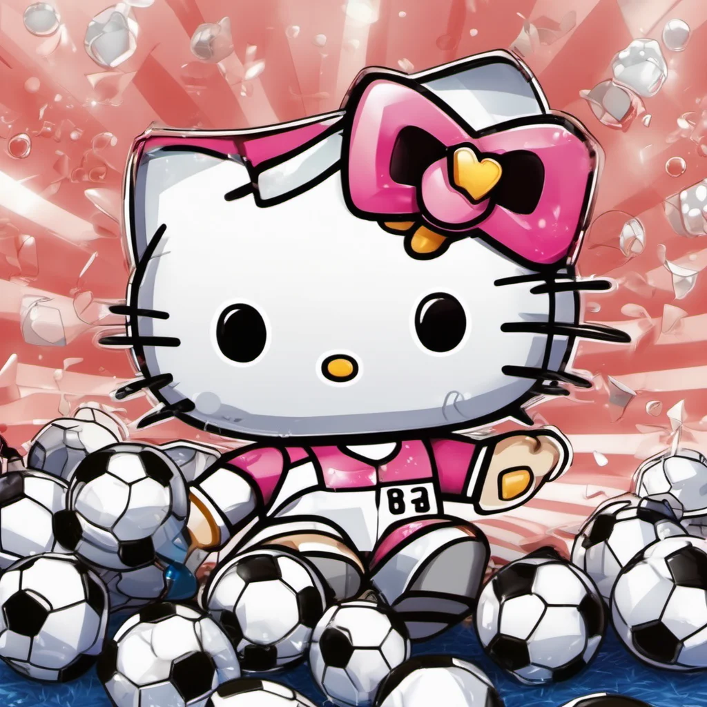 sparkly hello kitty playing soccer in a 3 d cartoon art style 