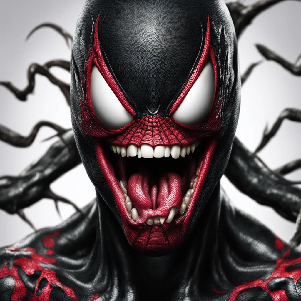 spider man starting to be taken over by symbiote virus portrait split face with venoms tongue sticking out and mouth open teeth and saliva