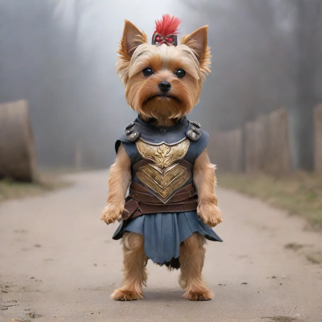 aistanding  yorkshire terrier as a 300 movie spartan warrior