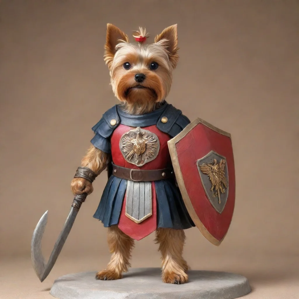 aistanding  yorkshire terrier as a roman legionaire with gladius and roman shield